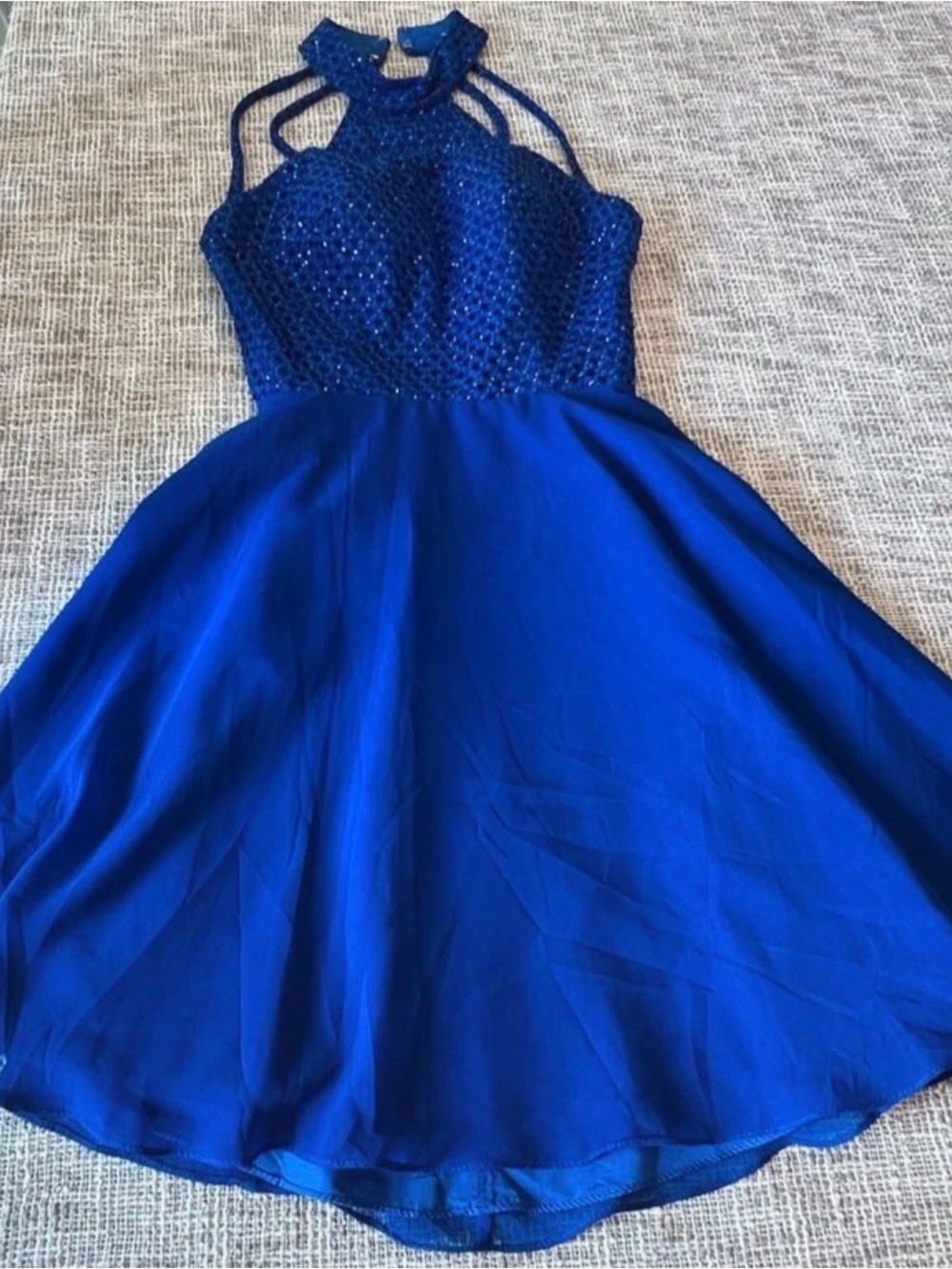 Alyce Paris Royal Blue Beaded Halter Prom Dress